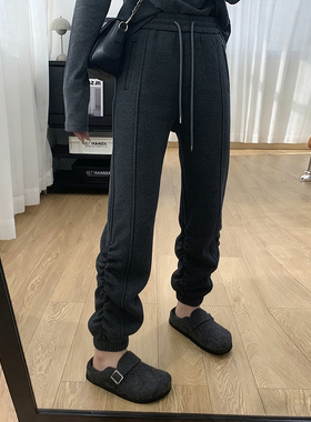 深灰色褶皱设计感束脚裤子2025冬季气显瘦百搭高腰加绒加厚休闲裤