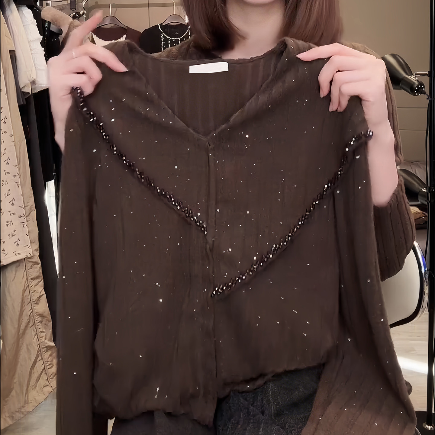 秋冬季法式V领亮片钉珠针织衫女