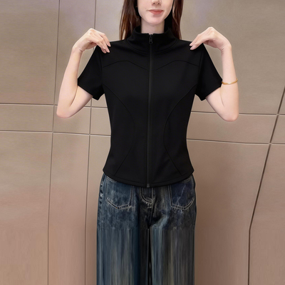 高级黑色立领拉链开衫短袖t恤女