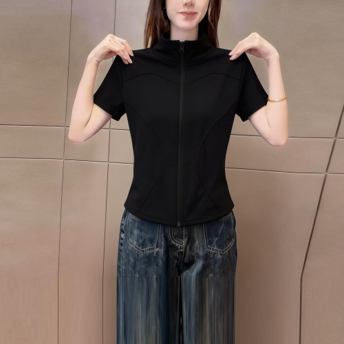 高级黑色立领拉链开衫短袖t恤女