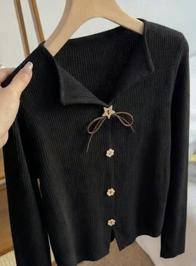 法式复古v领蝴蝶结长袖针织衫女秋冬高级感气质黑色显瘦小衫上衣