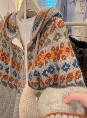 时髦洋气费尔岛复古提花连帽针织开衫女秋冬爆款宽松保暖毛衣外套