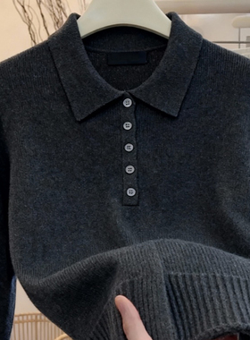 休闲极简风灰色Polo领针织衫女装秋冬季新款显瘦百搭保暖毛衣上衣