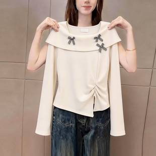 韩式时尚格子蝴蝶结方领长袖t恤女2026早春季新品休闲气质上衣潮