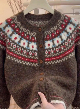 复古费尔岛风提花圆领针织开衫女装秋冬款高级感洋气加厚毛衣外套