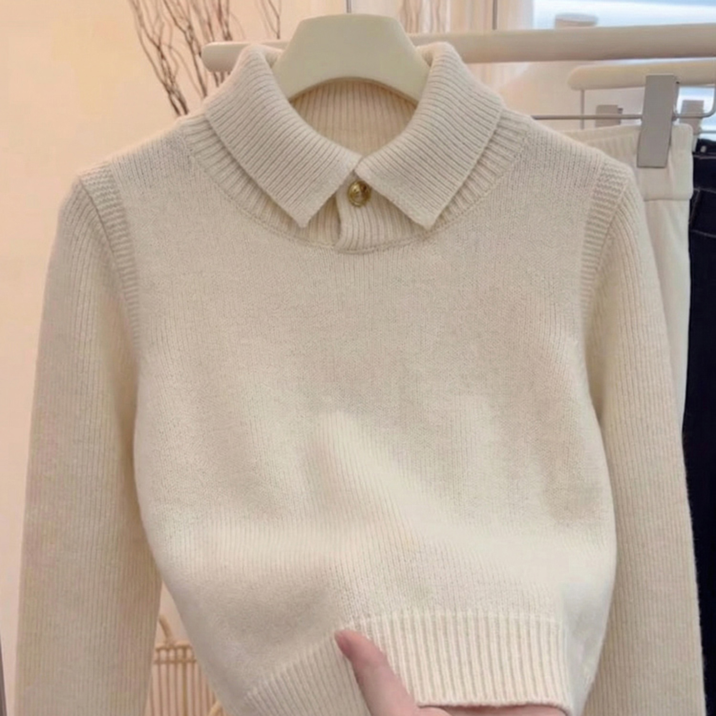 韩系老钱风纯色翻领针织衫毛衣女