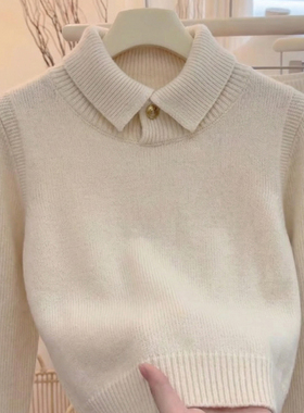 韩系老钱风纯色翻领针织衫女2025秋冬新款高级感小个子毛衣上衣潮