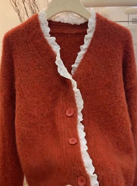 复古洋气慵懒风蕾丝花边圆领针织开衫女秋冬软糯百搭红色毛衣外套