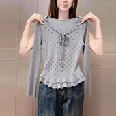 韩式 显瘦蝴蝶结系带百搭上衣 新品 洋气撞色波点u领长袖 t恤女早春季