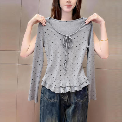 韩式洋气撞色波点u领长袖t恤女