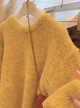 2025秋冬季新款休闲慵懒风黄色软糯圆领毛衣女宽松百搭显白上衣潮