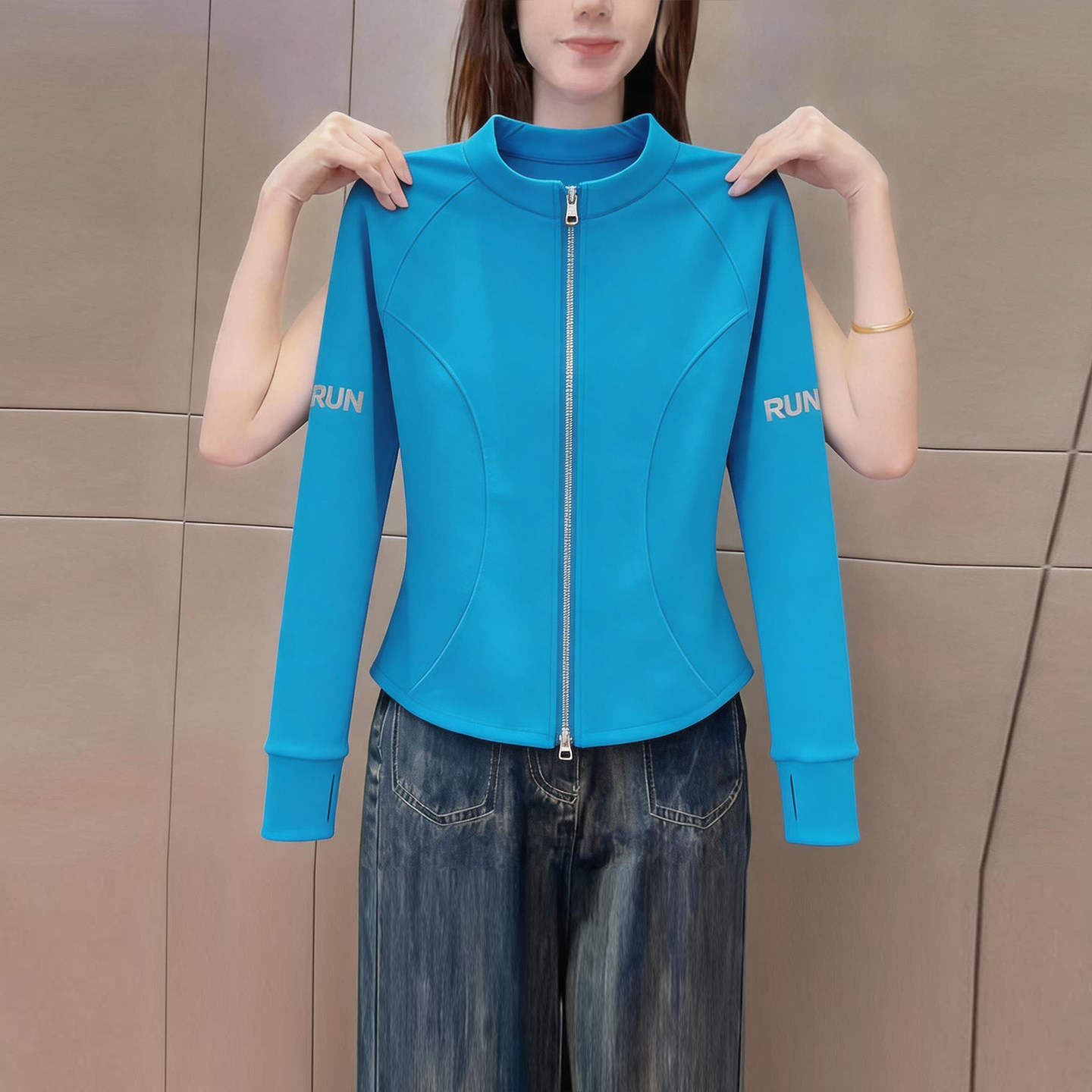 简约运动风蓝色拉链长袖t恤女2026秋季新款修身百搭透气开衫上衣