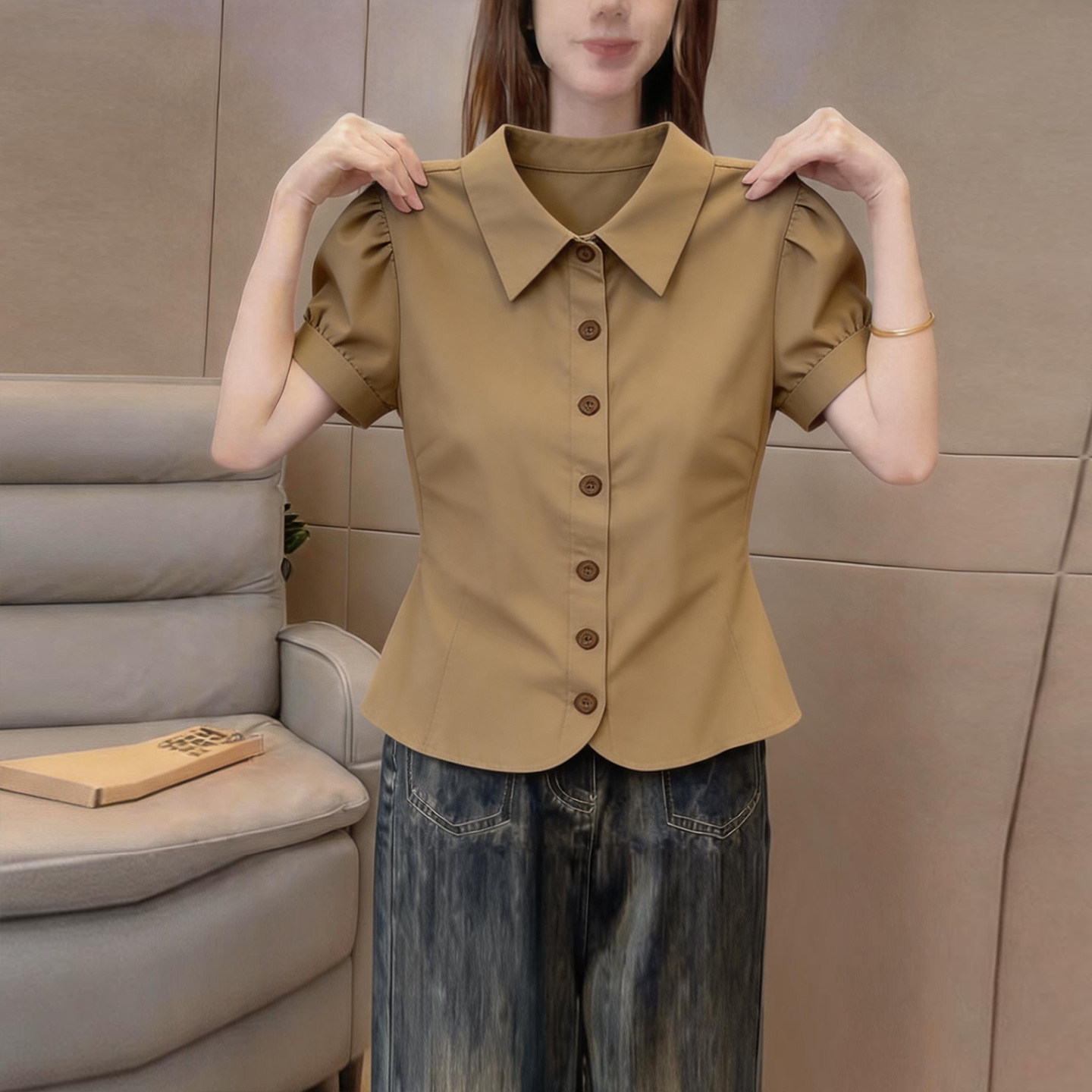 小众通勤纯色polo领短袖衬衫女装夏季气质显瘦设计感小众短款上衣