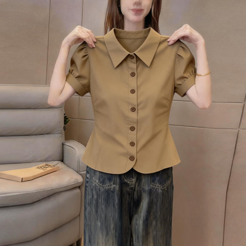 小众通勤纯色polo领短袖衬衫女装