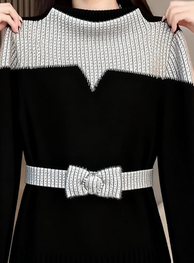 小香风轻奢蝴蝶结撞色半高领长袖t恤衫女秋冬季显瘦气质小衫上衣