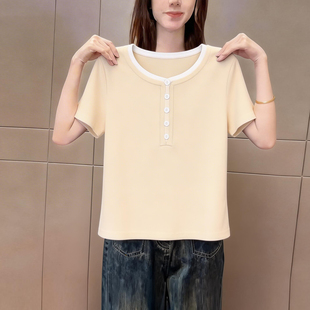 2026春夏季新品奶杏色圆领短袖t恤女韩版小众不撞款纯色休闲上衣