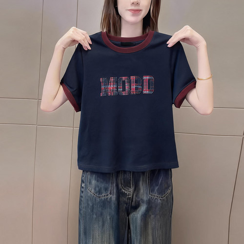 2026夏季字母印花短袖t恤女深蓝