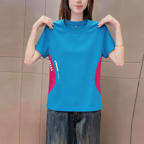 时尚撞色拼接圆领短袖t恤女夏季