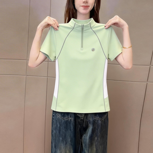 t恤女时尚 运动风绿色立领短袖 休闲透气百搭显瘦上衣 新品 2026夏季