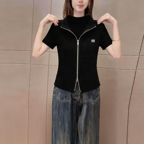 2026夏季时尚立领正肩短袖t恤女
