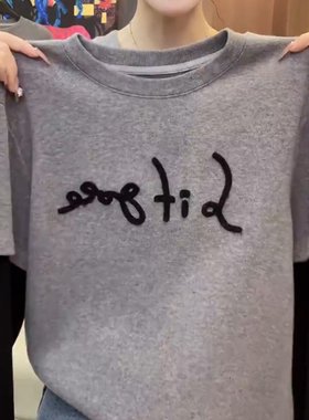 秋冬季新款假两件拼接设计长袖t恤女灰色字母印花宽松打底衫上衣