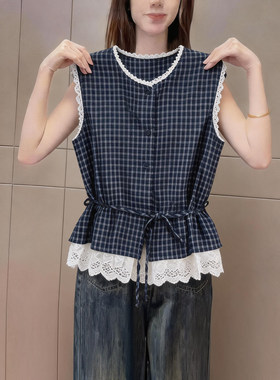洋气复古格子无袖背心女夏季气质