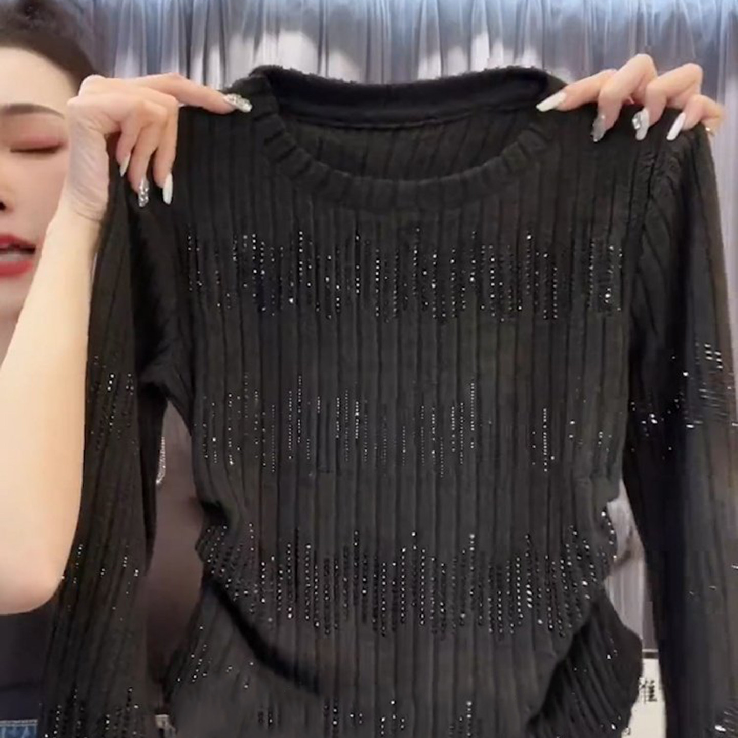 黑色亮片长袖针织衫女2026秋冬季高级感气质修身捏褶内搭小衫上衣,女装/女士精品,大码内搭,淘宝优惠券,粉丝福利购,淘宝优惠卷