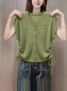 复古时尚气质v领飞飞袖针织开衫女夏季绿色纽扣抽绳显瘦百搭上衣