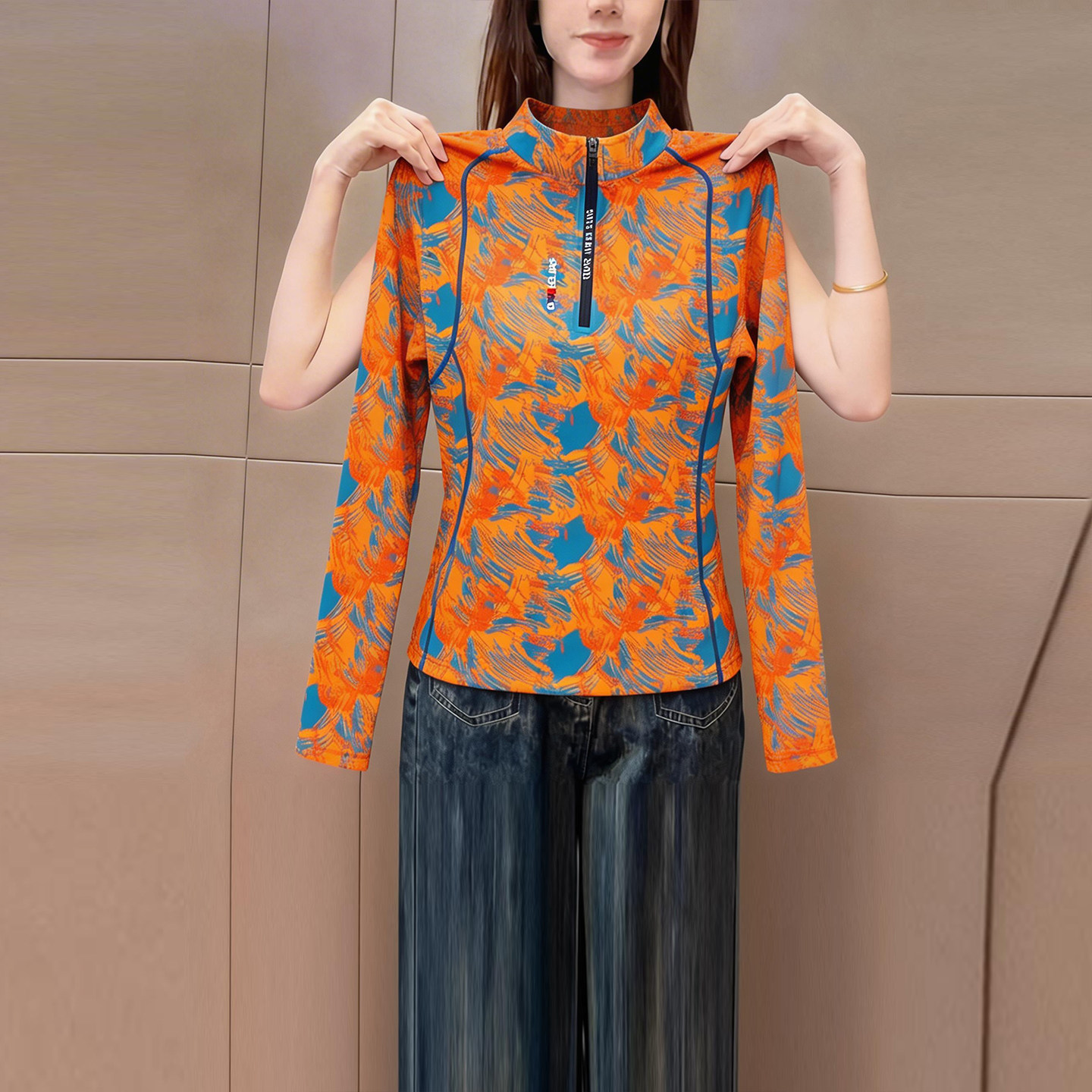 欧货洋气别致彩色印花立领长袖t恤女春季爆款运动风修身气质上衣