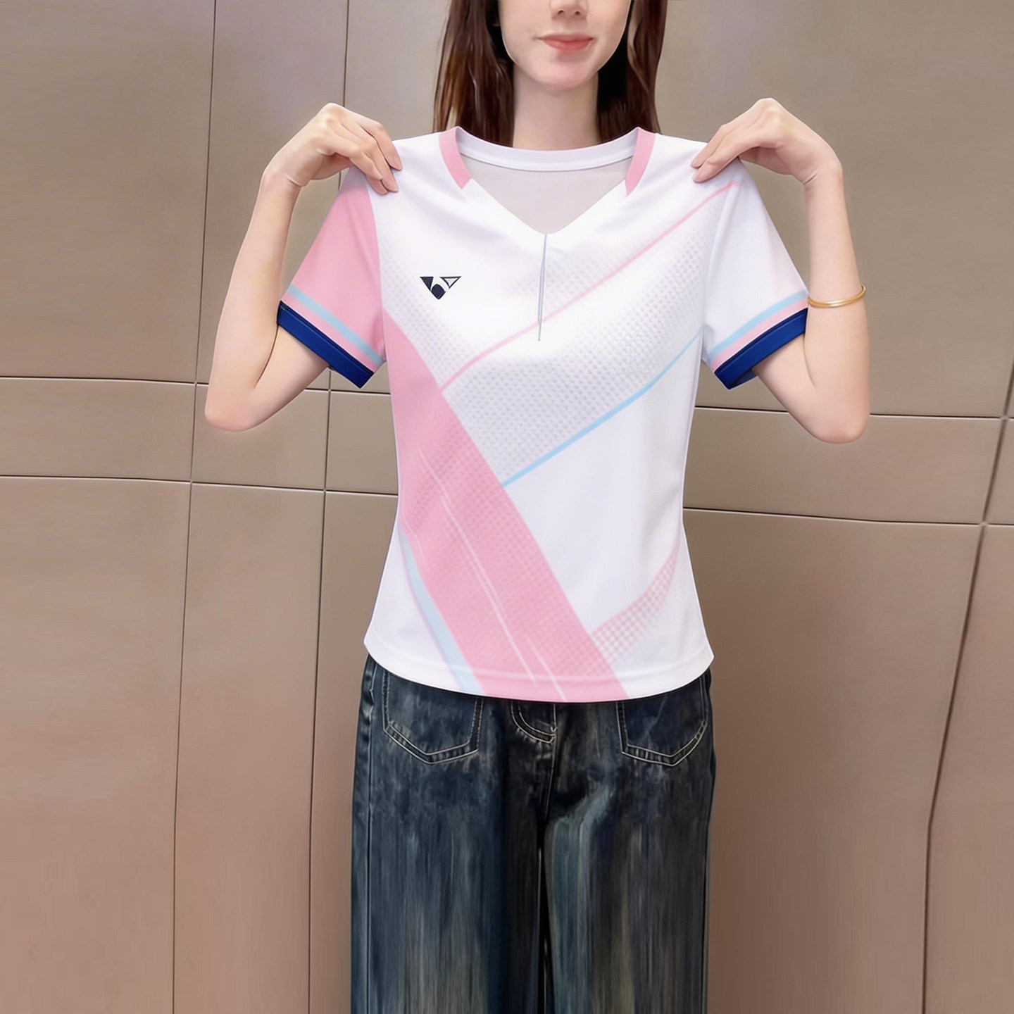 时尚洋气撞色运动风v领短袖t恤女透气休闲百搭上衣2026春夏新款