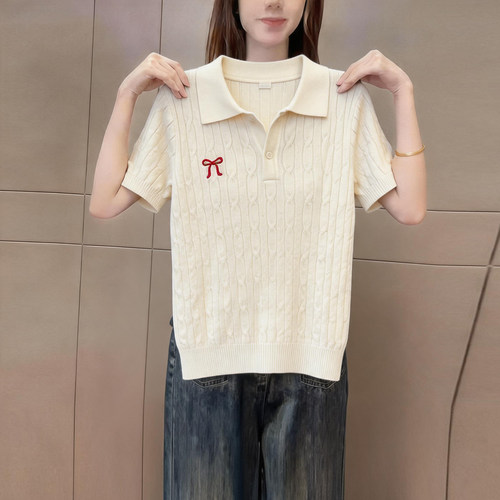 极简风polo领麻花针织短袖女夏季