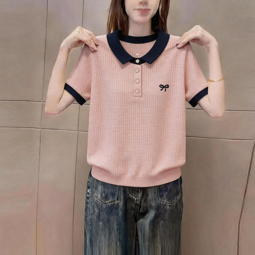 韩版时尚撞色Polo领短袖t恤女装