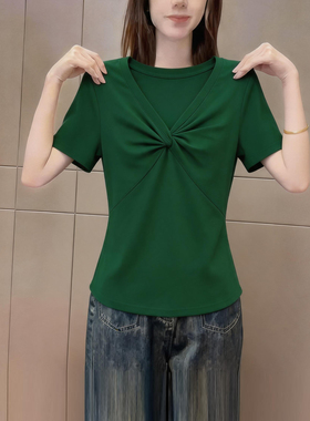 2026夏季优雅风v领扭结短袖t恤女绝美绿色修身显瘦气质百搭上衣潮