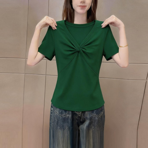 2026夏季优雅风v领扭结短袖t恤女