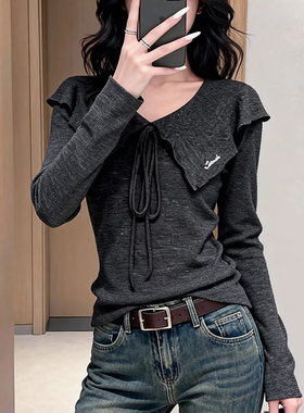 秋冬季新品娃娃领系带长袖t恤小衫女减龄休闲百搭气质打底衫上衣