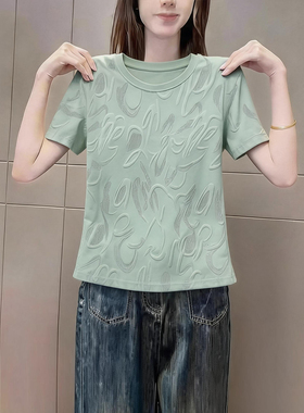 夏季新款时尚晕染绿色圆领短袖t恤女潮流复古洋气显瘦百搭上衣ins