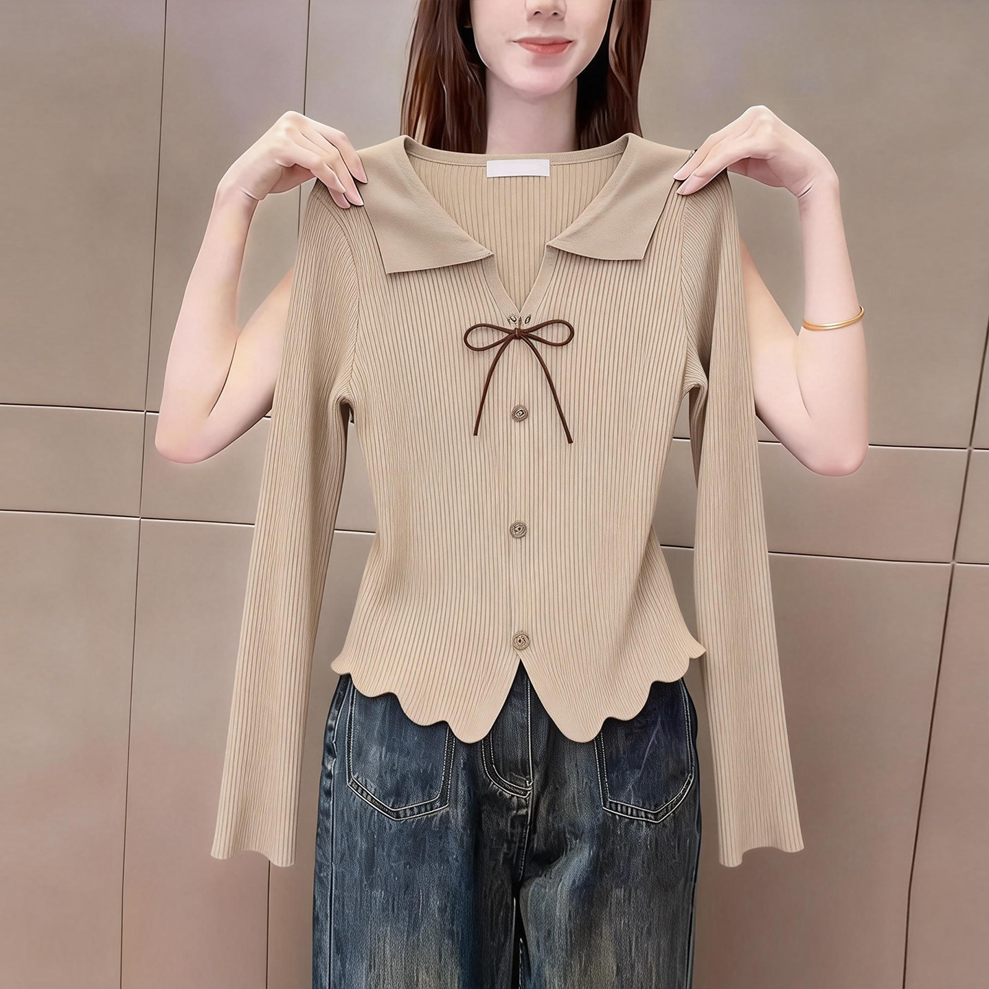 韩式极简风蝴蝶结装饰Polo领长袖t恤衫上衣女早春季休闲气质内搭,女装/女士精品,大码内搭,淘宝优惠券,粉丝福利购,淘宝优惠卷