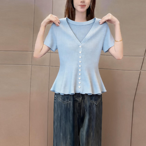 夏季新品极简风蓝色v领短袖t恤女
