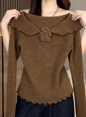 2025秋冬季新品设计感立体花朵针织衫女装木耳边显瘦气质毛衣上衣
