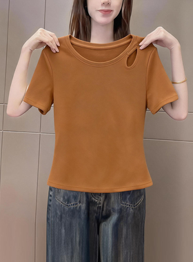 夏季新品简约纯色圆领短袖t恤女小众橙色宽松显瘦百搭基础款上衣