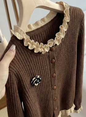 法式撞色木耳边圆领针织衫女装秋冬季新品洋气舒显瘦毛衣小衫上衣
