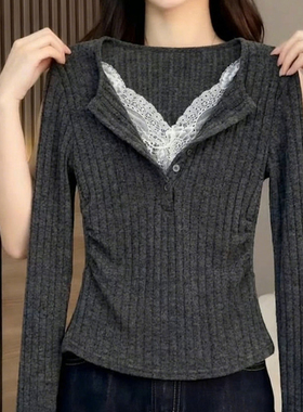 洋气时髦蕾丝拼接假两件长袖针织衫女修身显瘦百搭气质上衣秋冬款