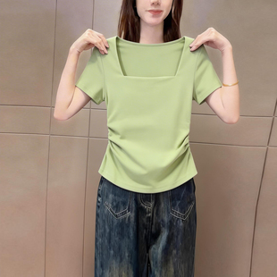 新品 2026夏季 收腰捏褶休闲气质上衣 t恤女装 绿色高级纯色方领短袖