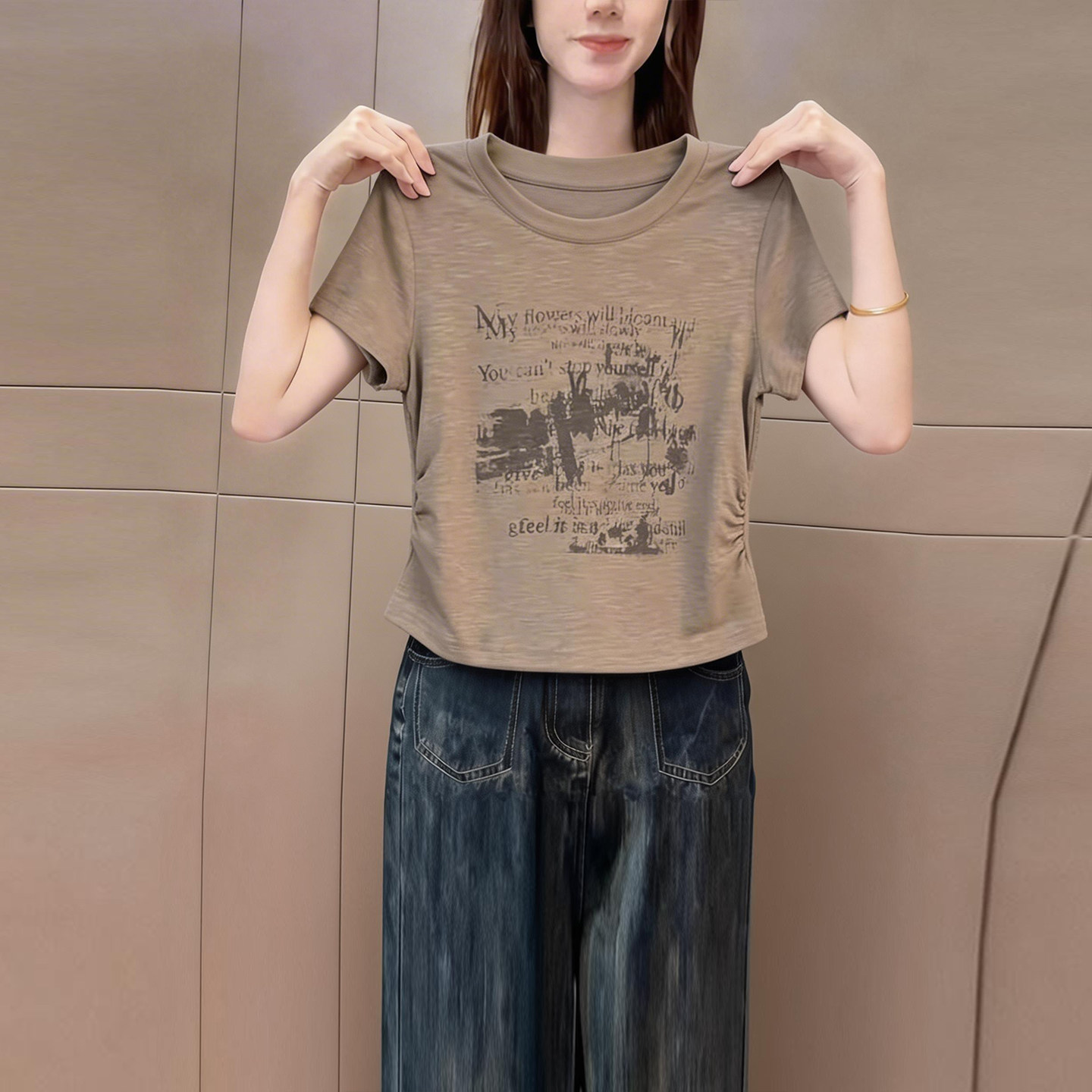 复古字母印花正肩圆领短袖t恤女