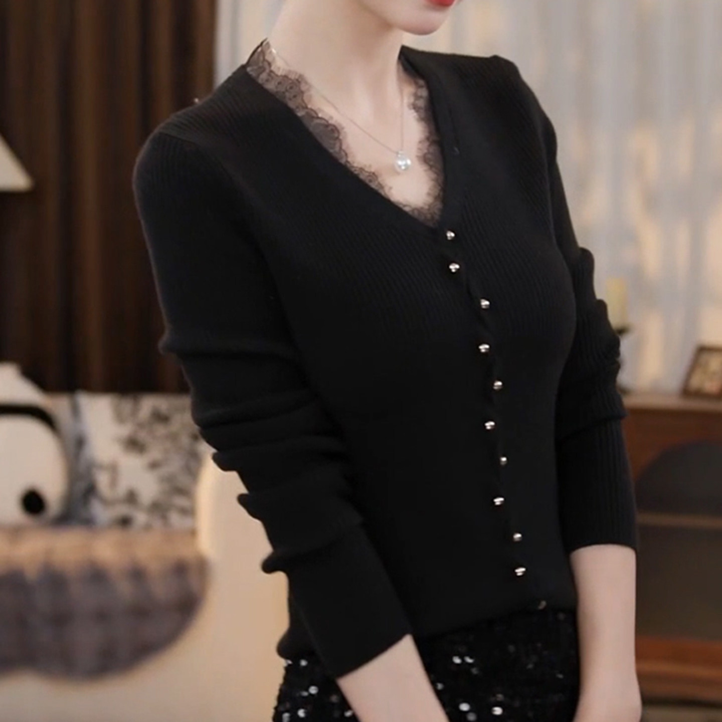 法式蕾丝拼接v领小香风针织衫女