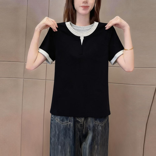 时尚叠穿假两件圆领短袖t恤女装