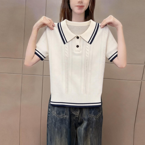 轻奢时尚撞色polo领短袖针织衫女