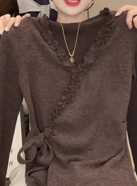 2025秋冬款时髦气质木耳花边V领长袖t恤女高级感气质显瘦内搭上衣