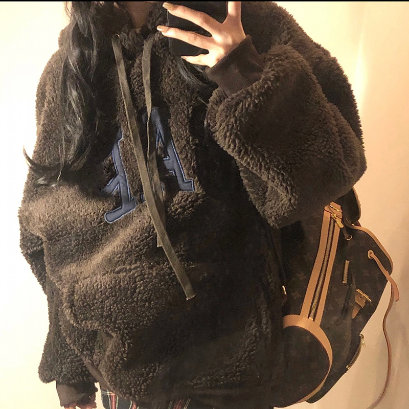 秋冬款复古羊羔毛加绒加厚卫衣女