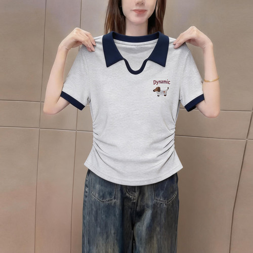 韩版简约撞色Polo领短袖t恤女装